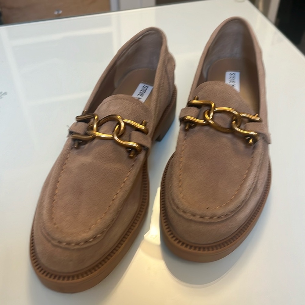 Steve Madden Taupe Suede Loafers with Gold Chain Detail